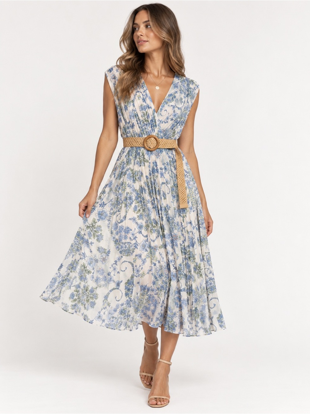 Light Blue Floral Wrap Midi Dress with Pleated Skirt, Small